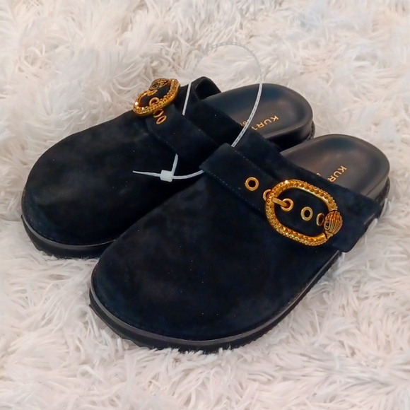 Kurt Geiger London Mayfair Crystal Embellished Eagle Head Buckle Mules Black - Picture 2 of 11